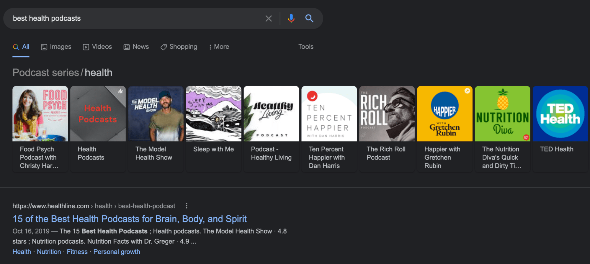 キーワード「best health podcasts」を使用すると、通常の青いリンクの上に Google カルーセルのリッチリザルトが表示されます