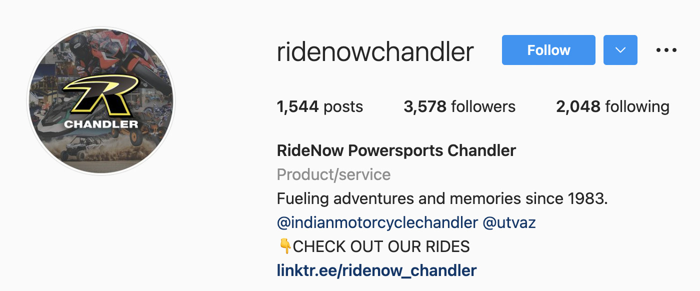 Аккаунт Ride Now Чендлера в Instagram