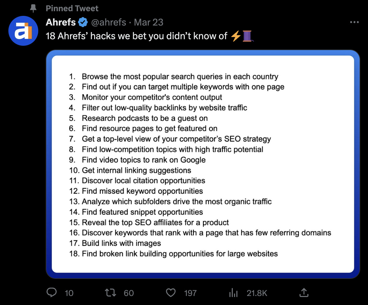 Il nostro tweet appuntato è un thread con 18 hack di Ahrefs