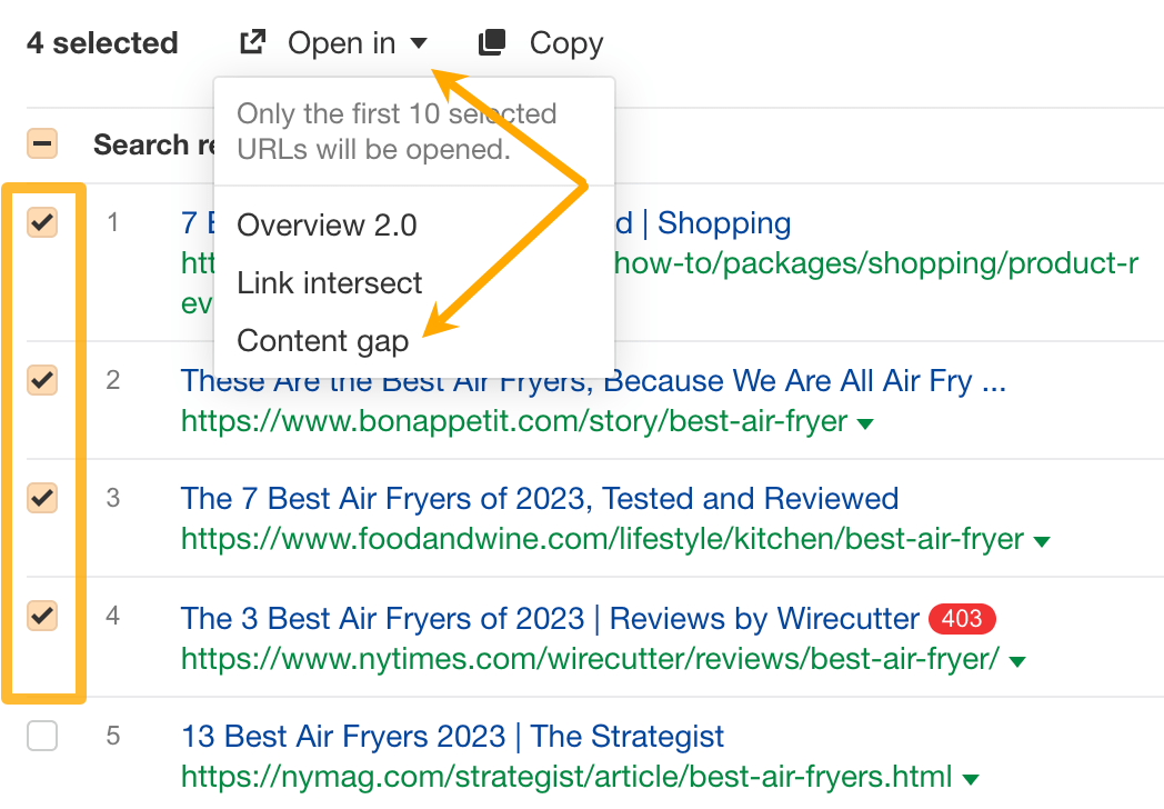 "Open in Content gap" feature, via Ahrefs' Keywords Explorer