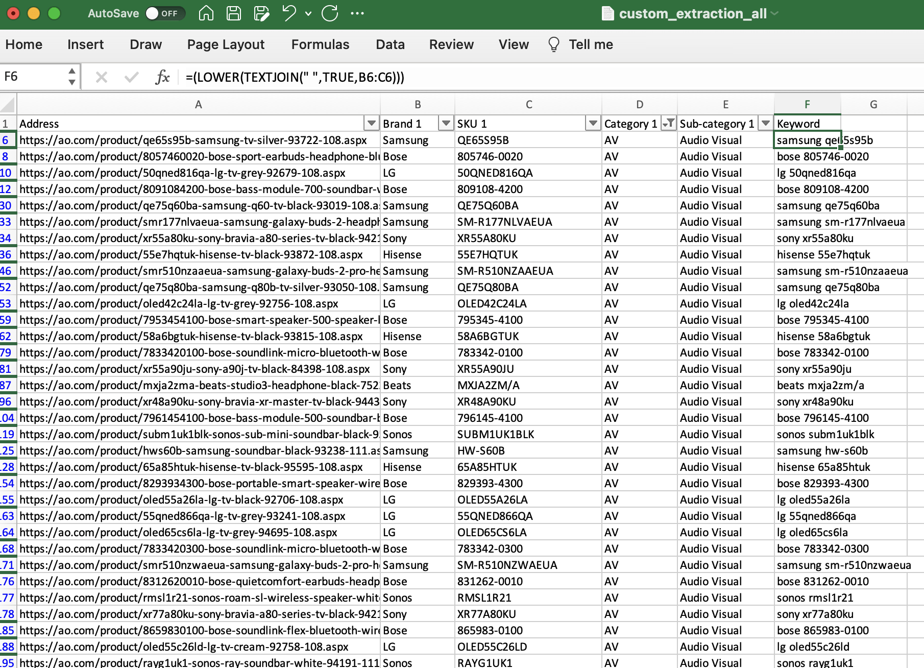 Ein Excel-Screenshot mit AO-Produktdaten