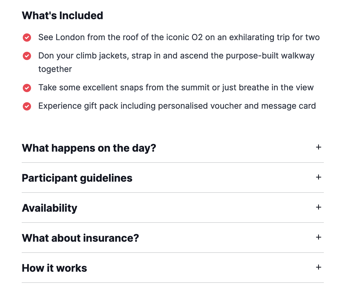 Esempio di una sezione FAQ sulla pagina del prodotto Virgin Experience Days