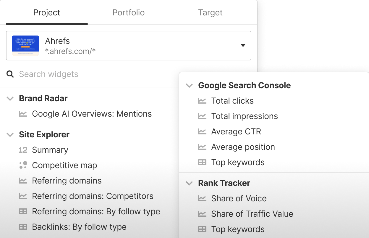 Seletor de widget de métricas dentro do Report Builder