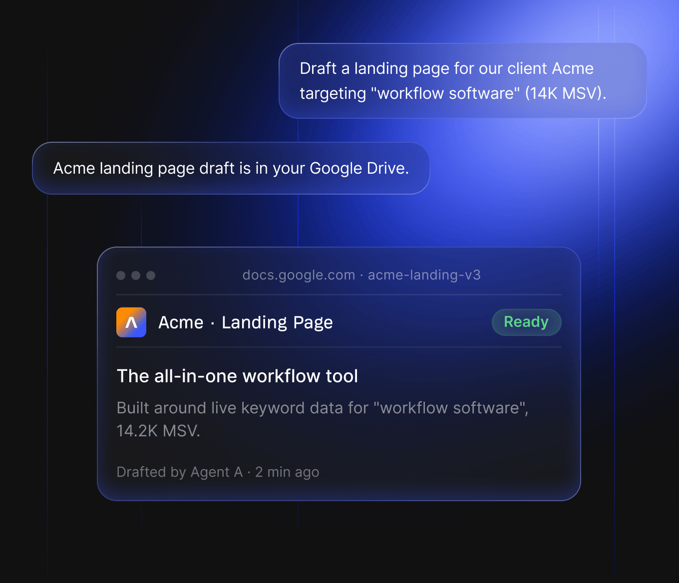 Agent A drafts a client landing page targeting a high-volume keyword and delivers it to Google Drive.