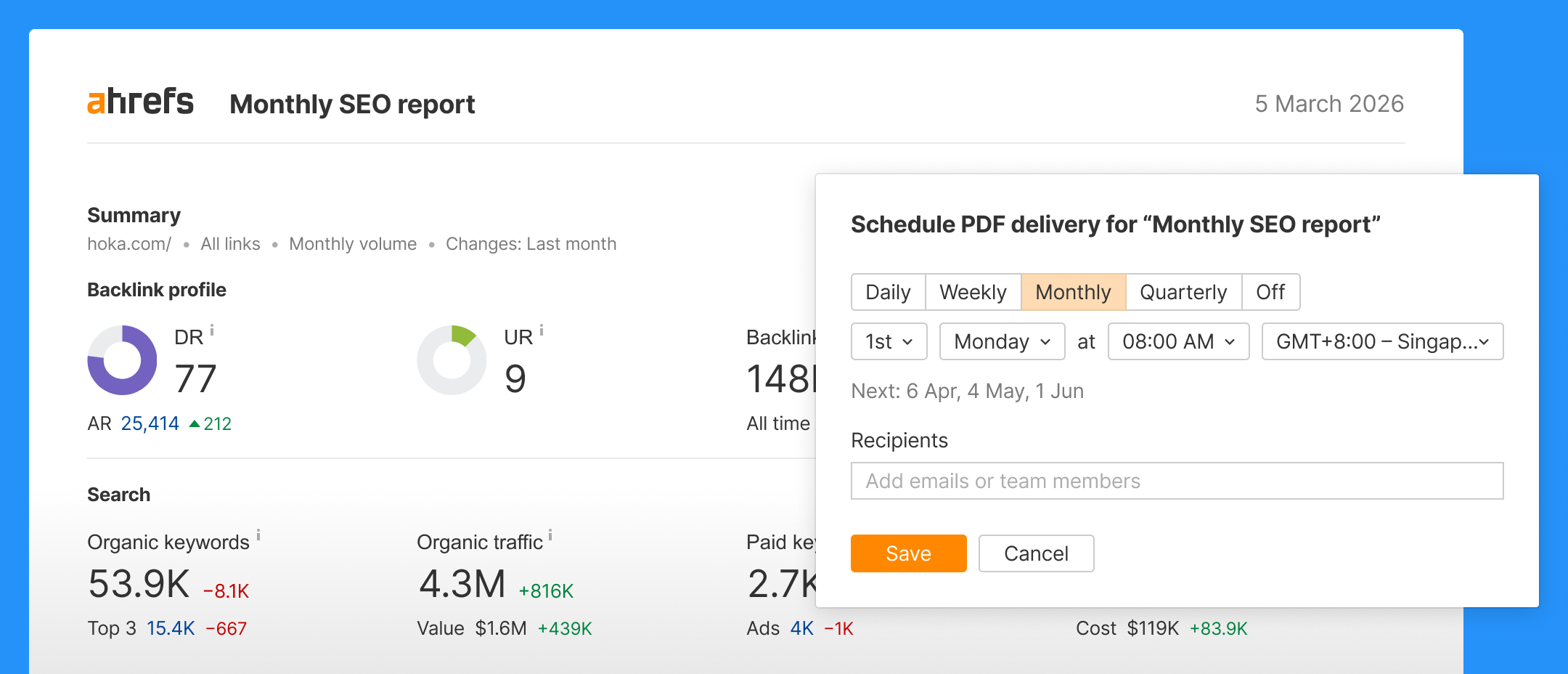 Interface de agendamento de relatórios com configurações de destinatários