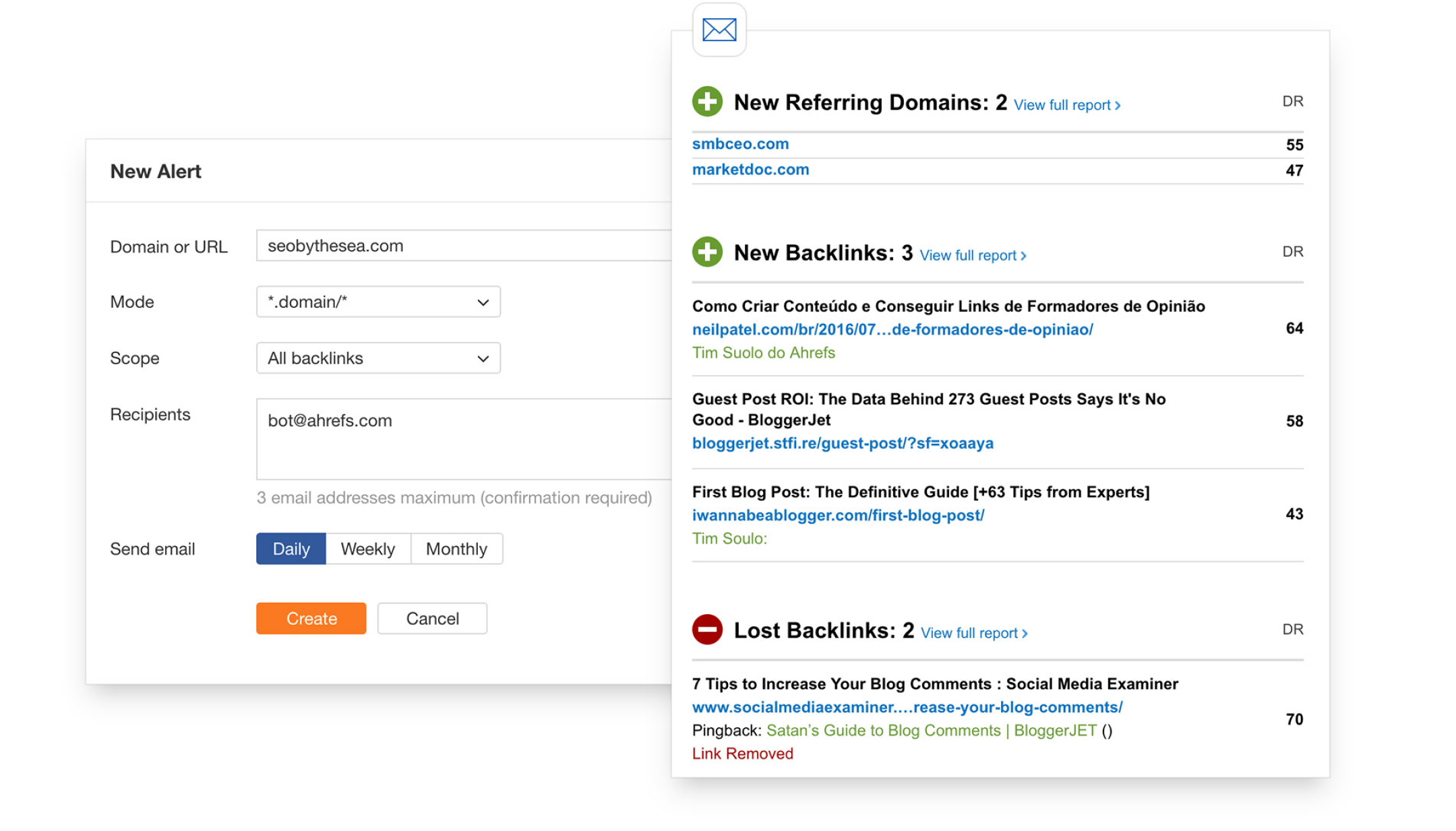 Alerta de backlinks novos e perdidos