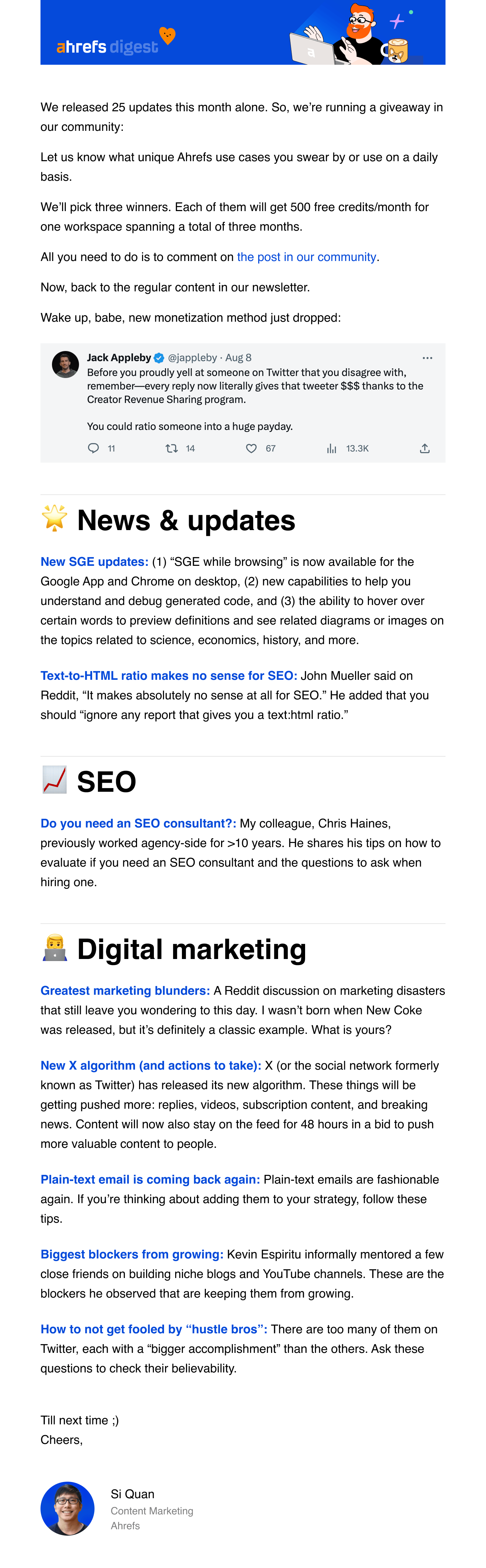 Esempio del Digest di Ahrefs