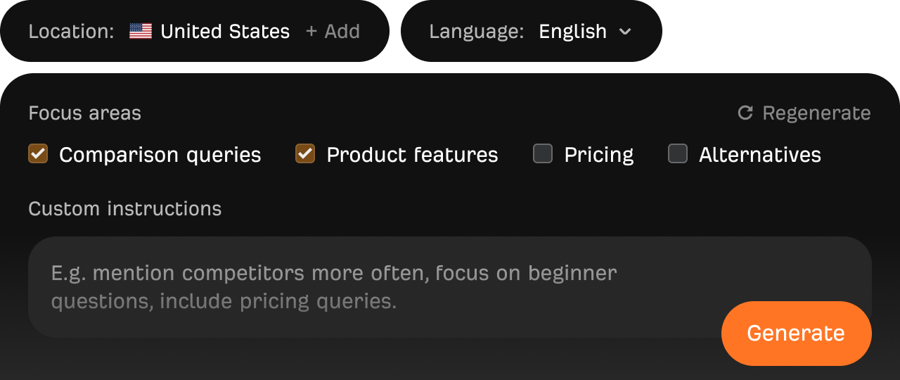 Generate prompts form with location, language, and focus areas