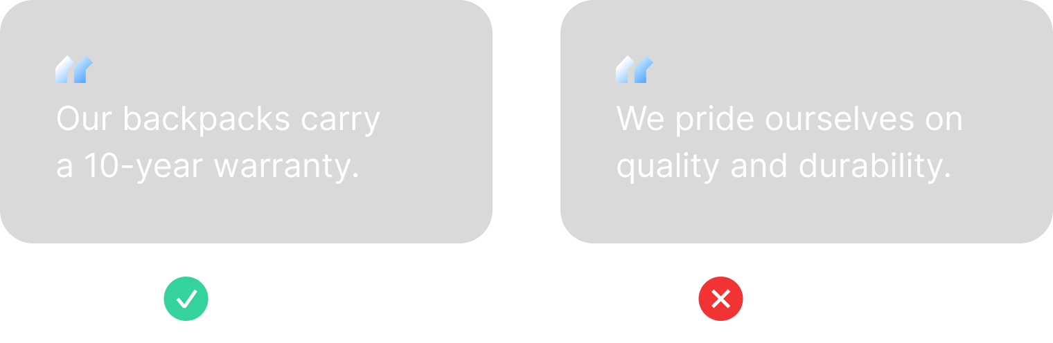 Two quote cards. The left one, marked Liftable, reads “Our backpacks carry a 10-year warranty.” The right one, marked Not liftable, reads “We pride ourselves on quality and durability.”