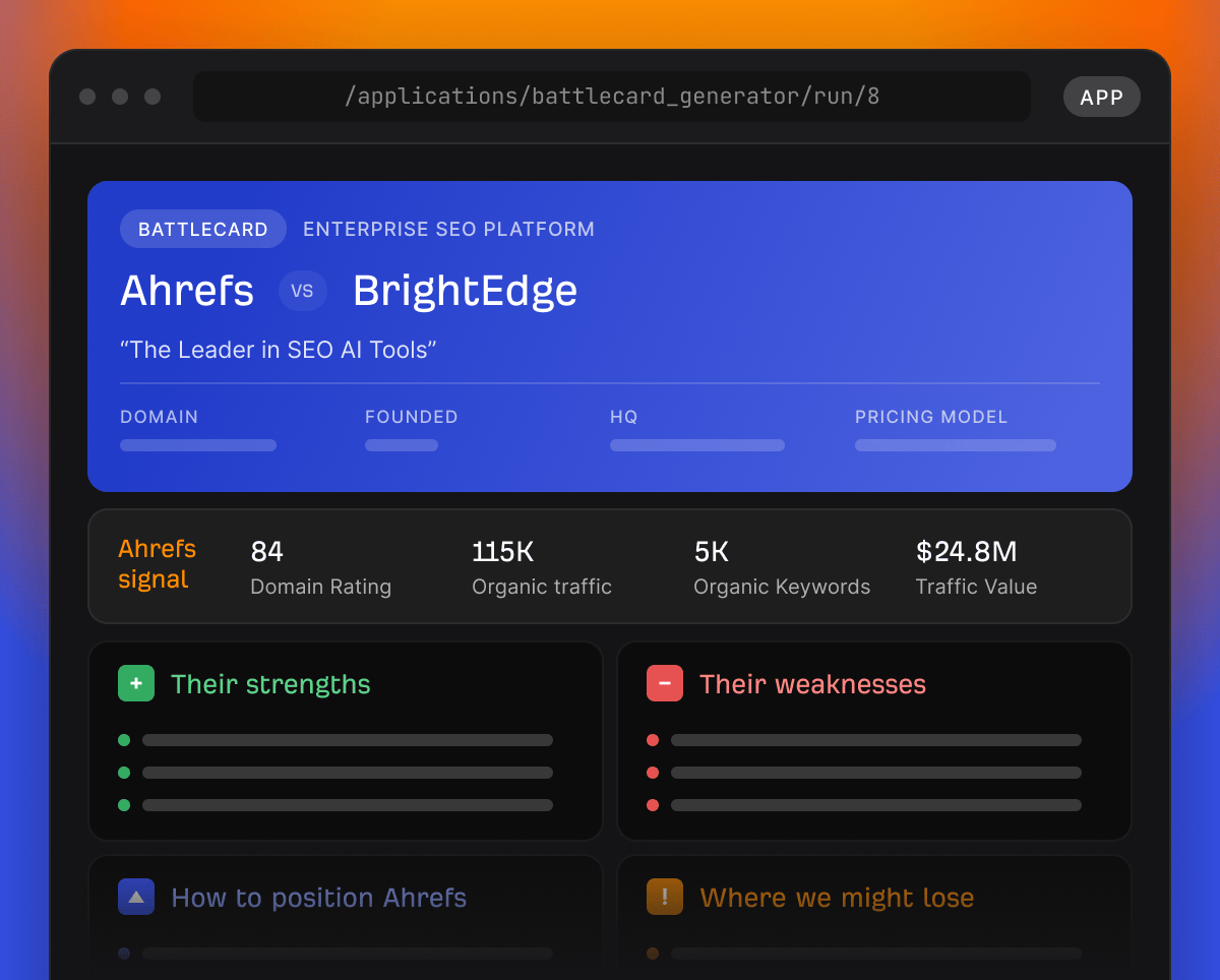 Espacio de trabajo del generador de battlecards de Agent A