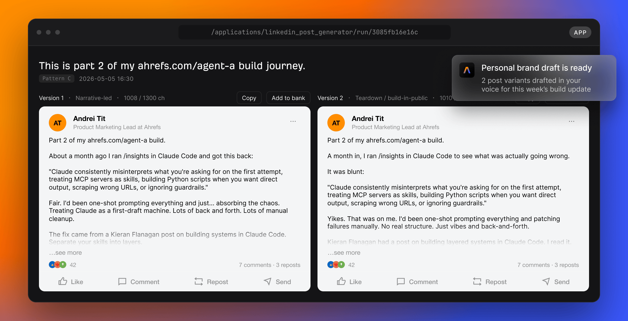 Agent A LinkedIn post generator workspace
