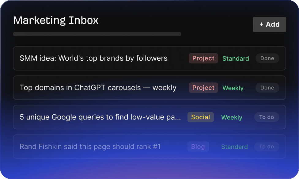 Marketing Inbox app output showing saved marketing ideas and project labels.