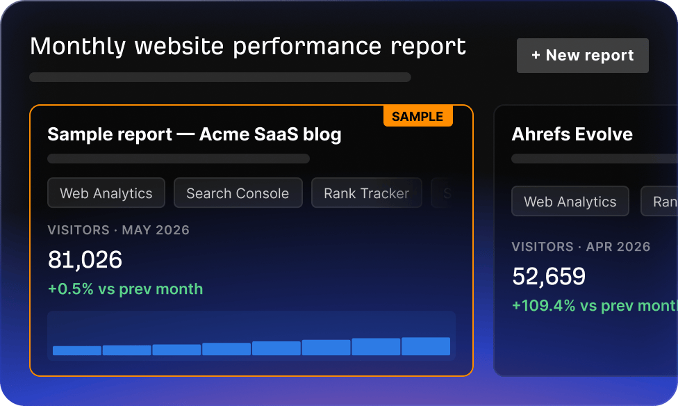 Monthly Website Performance Report app output showing traffic and keyword panels.