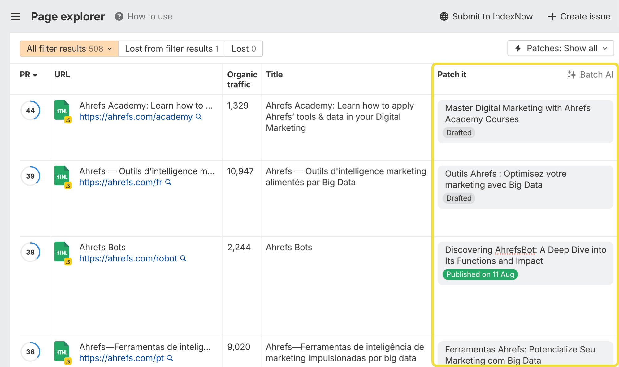 Interfaccia di Page Explorer