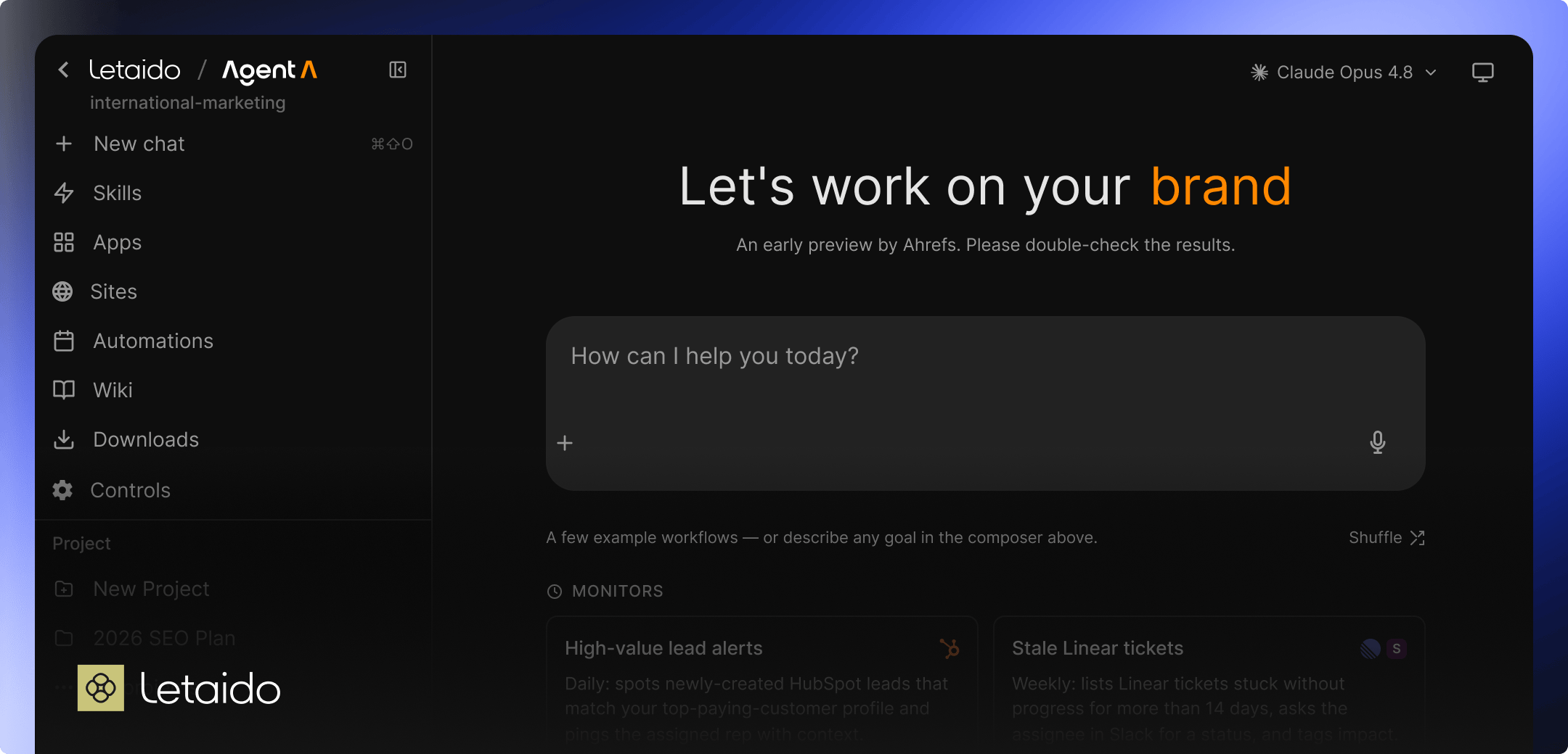 Letaido workspace showing Agent A in the international marketing project