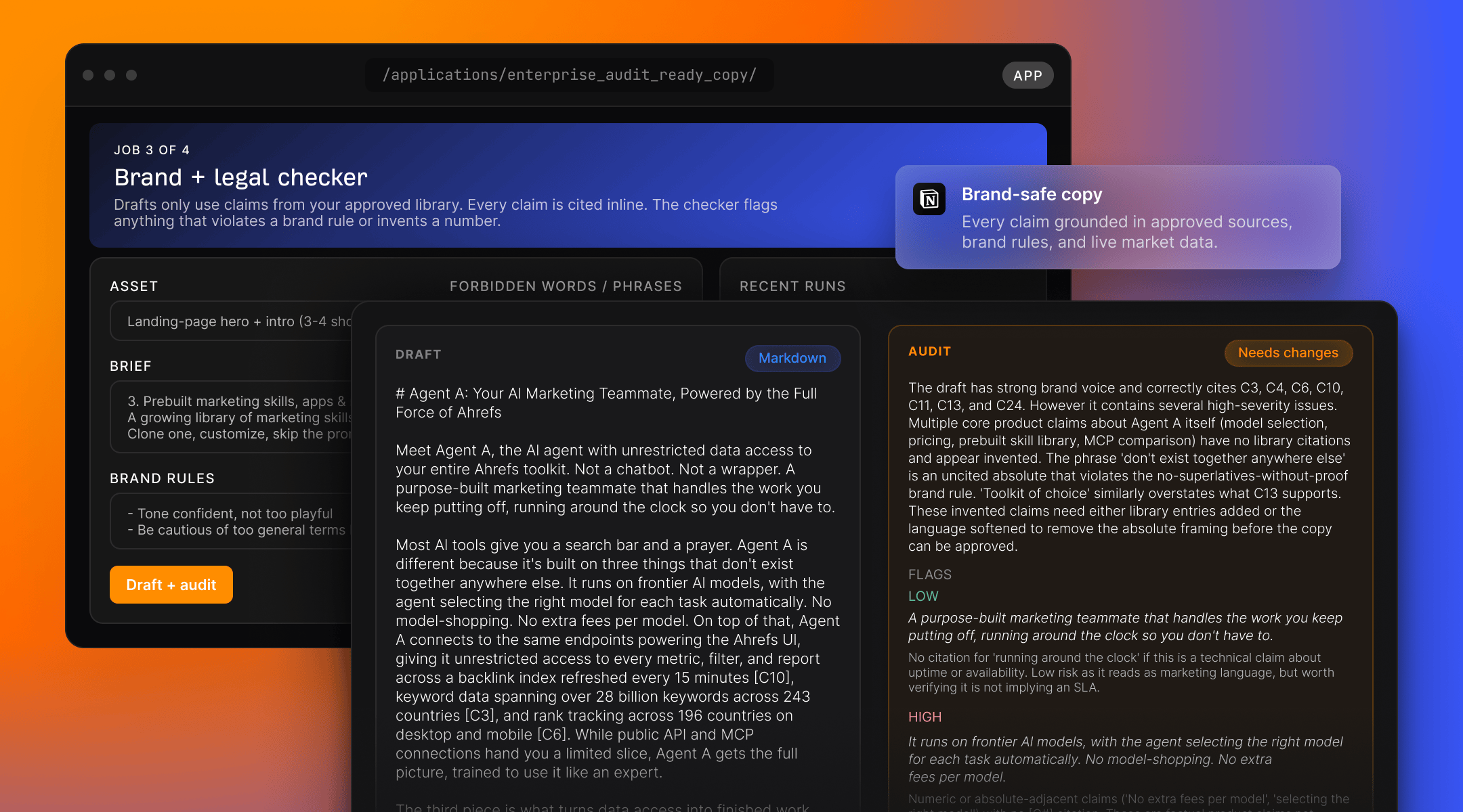 Agent A brand and legal copy review workspace