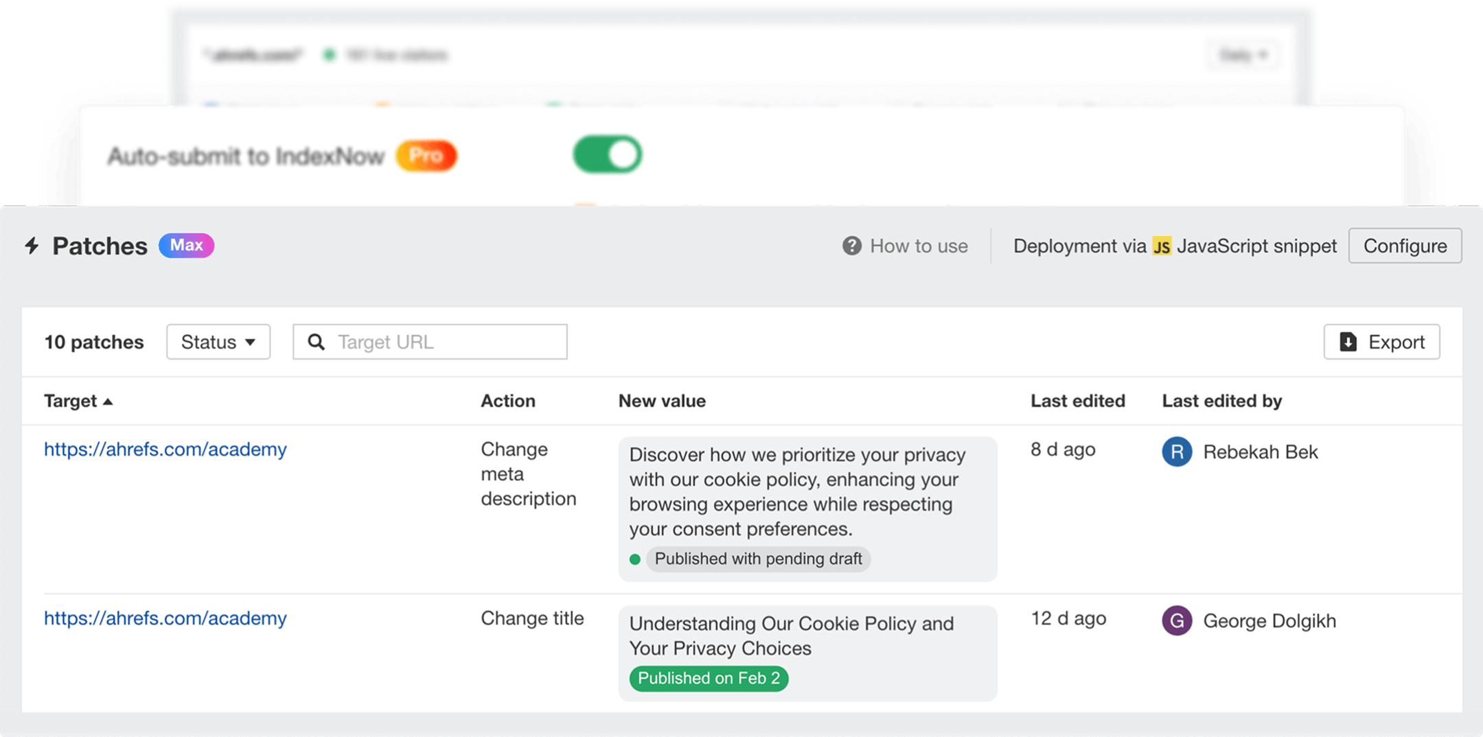Interfaccia Ahrefs Patches con tabella delle correzioni SEO che mostra le modifiche meta e lo stato di pubblicazione