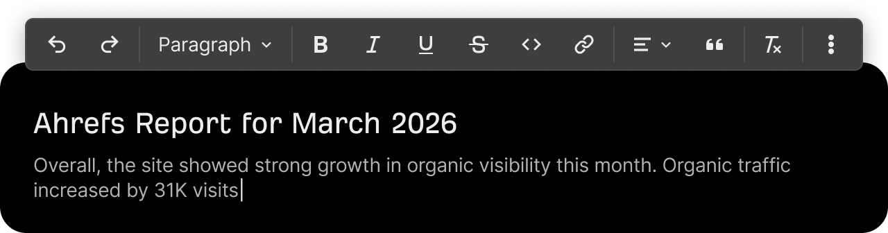 Bloco de edição de rich-text dentro de um relatório