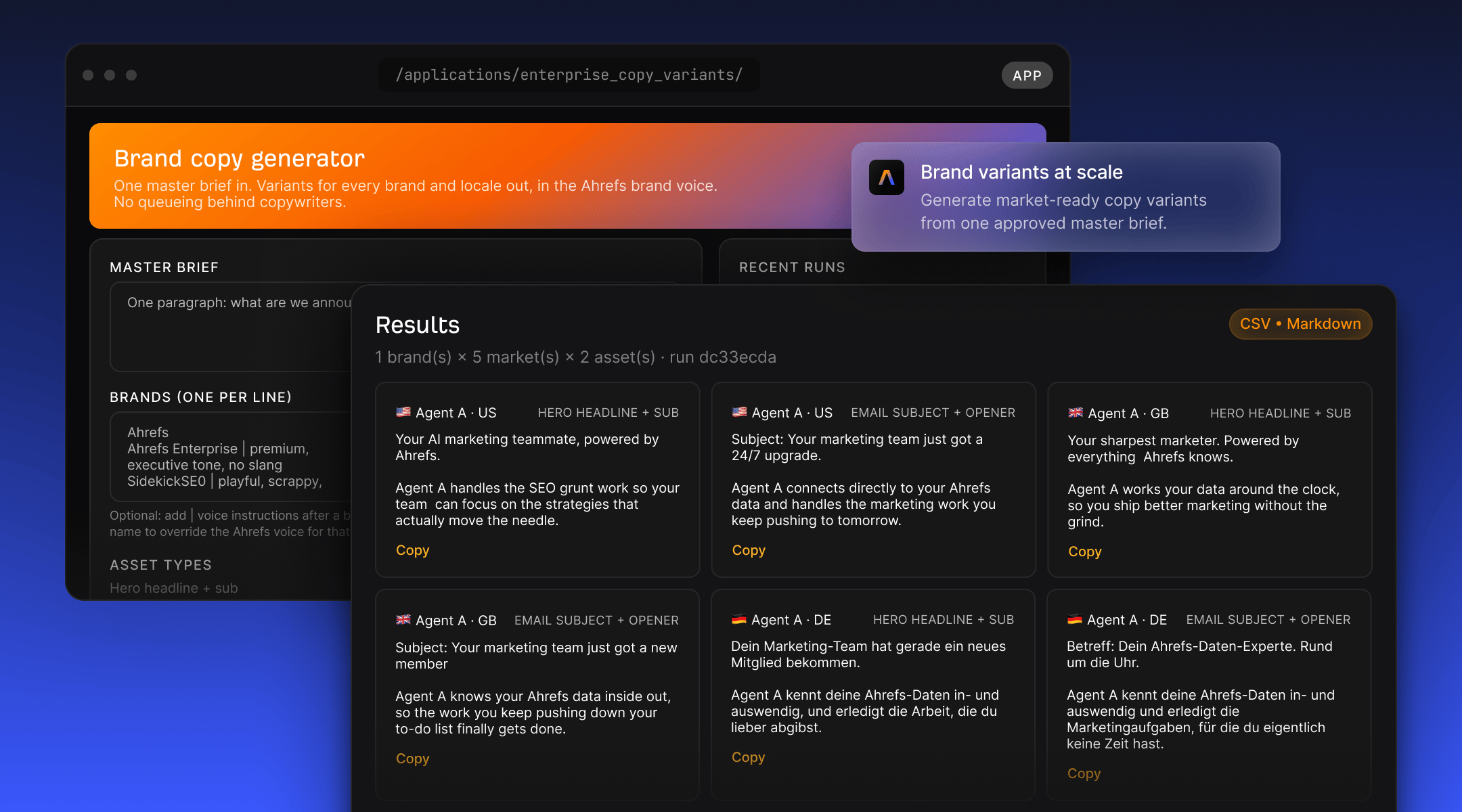 Agent A brand and market copy variants workspace