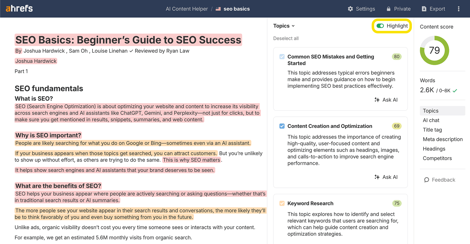AI Content Helper highlighting content sections that need improvement