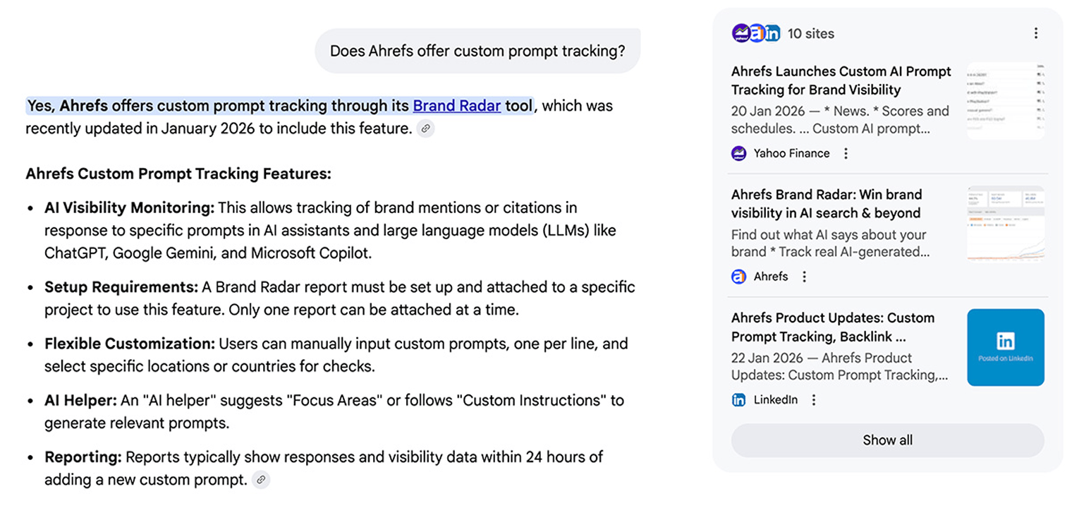 A Google AI Mode answer to “Does Ahrefs offer custom prompt tracking?” confirming that it does through Brand Radar, with a panel of 10 cited sites alongside it, including Yahoo Finance, Ahrefs and LinkedIn.