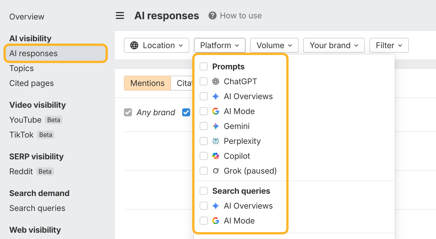 Navigating to AI responses in Ahrefs’ Brand Radar and selecting from various AI prompt databases.