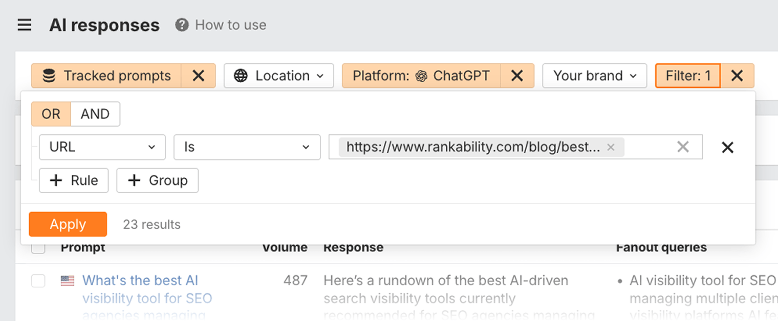 The AI responses report in Ahrefs Brand Radar filtered to a single competitor URL, with the tracked prompts and ChatGPT chips active and 23 prompts matching.