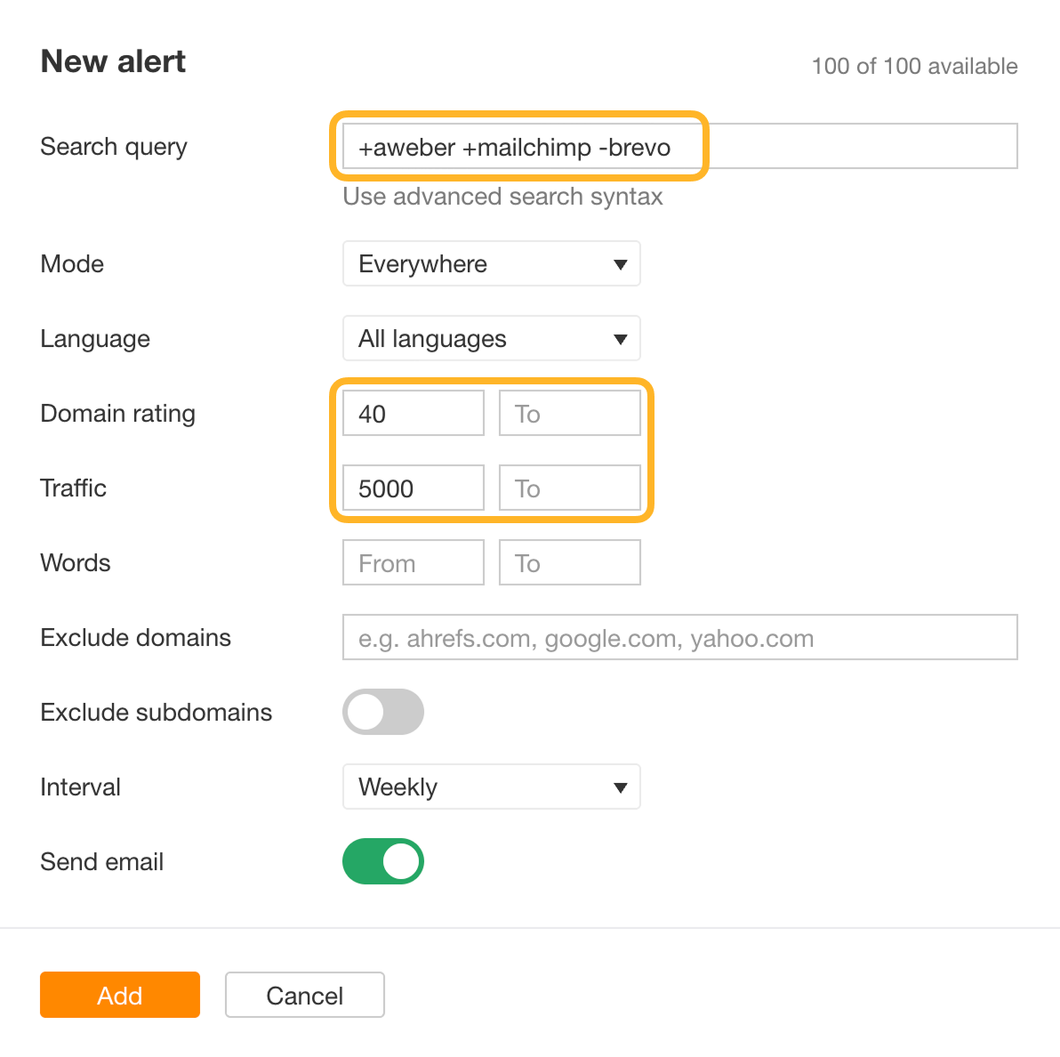 The Ahrefs Alerts “New alert” form with two ringed areas: the search query “+aweber +mailchimp -brevo”, and a minimum Domain rating of 40 with minimum Traffic of 5000. The alert runs weekly and sends an email.