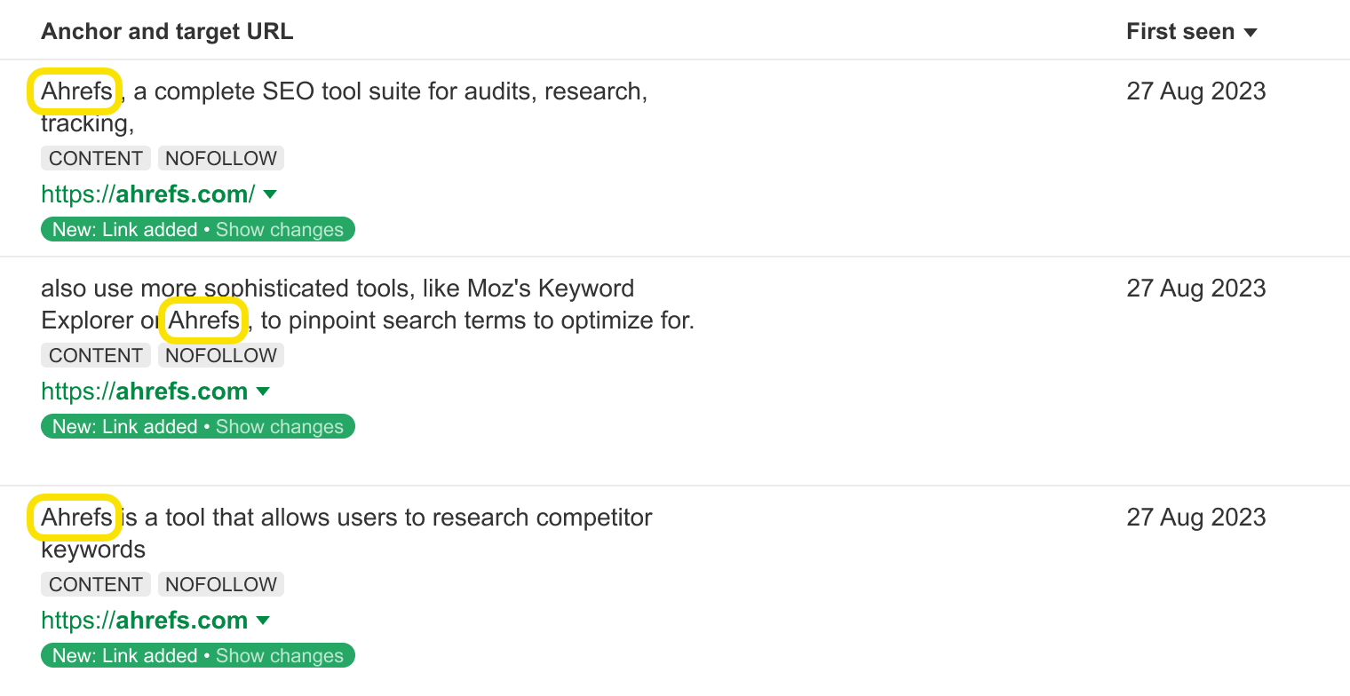 Screenshot showing a backlink from ahrefs.com homepage to Aira’s report