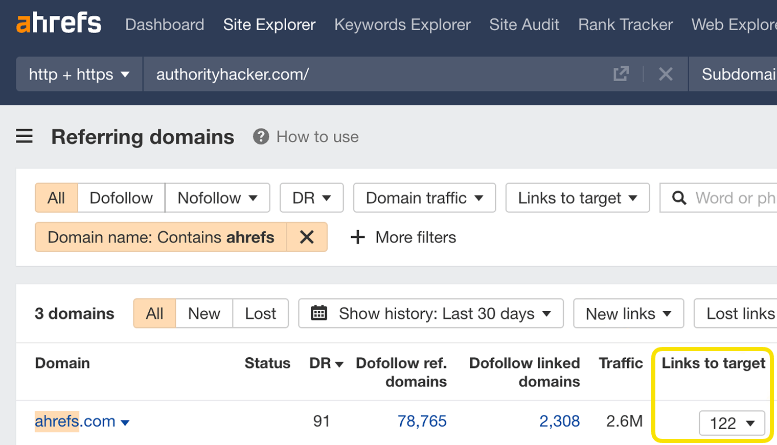 Screenshot showing 122 incoming links from ahrefs.com to Authority Hacker