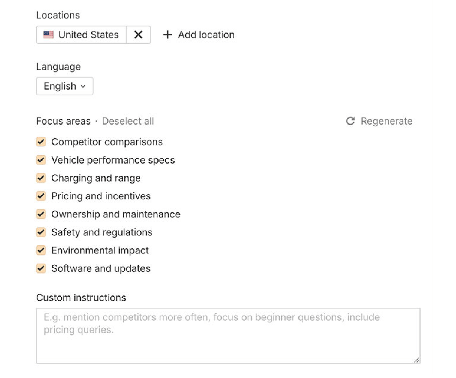 A prompt generation panel set to the United States and English, with eight suggested focus areas all ticked, including competitor comparisons, charging and range, and ownership and maintenance, above an empty custom instructions box.