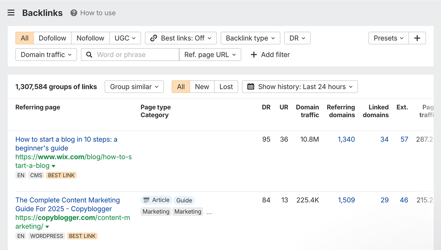 Screenshot of Ahrefs Site Explorer showing backlink data for a website