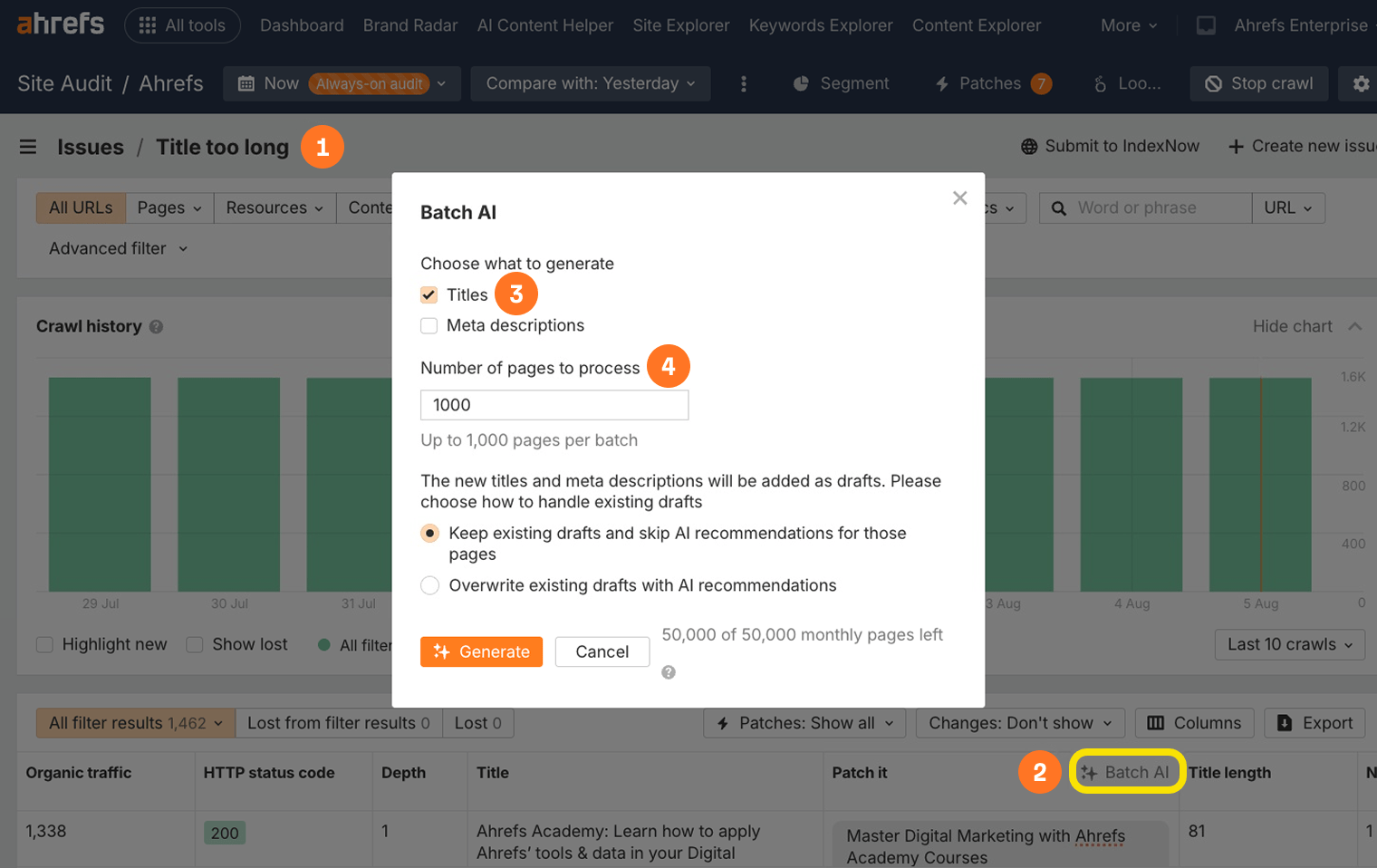 Ahrefs Batch Analysis tool for checking title tags at scale