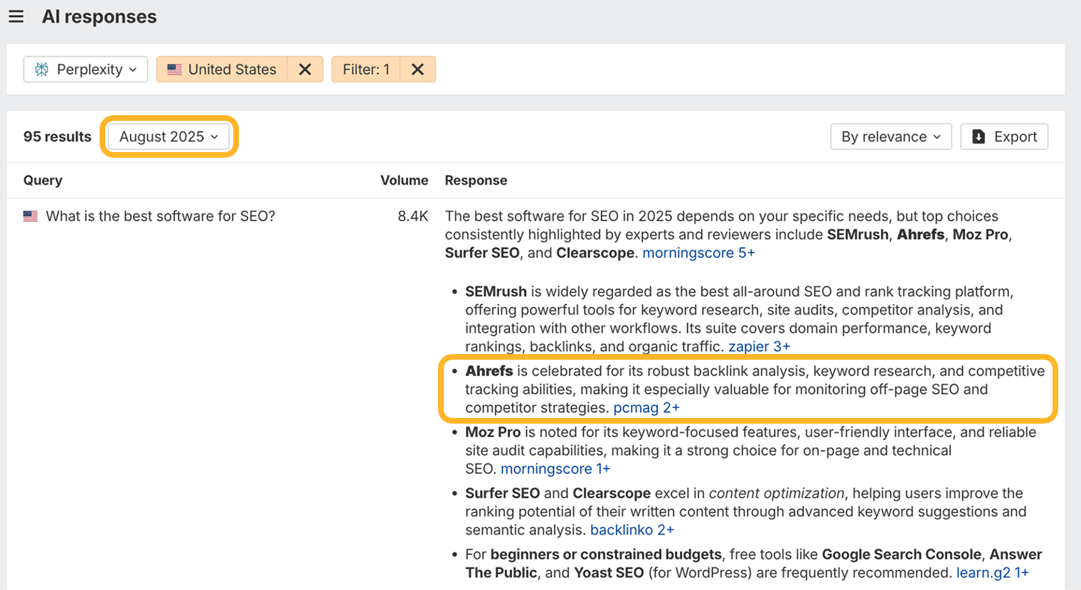 The same Brand Radar report two months later, with the August 2025 date ringed. Perplexity’s answer to “What is the best software for SEO?” names SEMrush, Ahrefs, Moz Pro, Surfer SEO, and Clearscope, and the bullet praising Ahrefs is ringed.