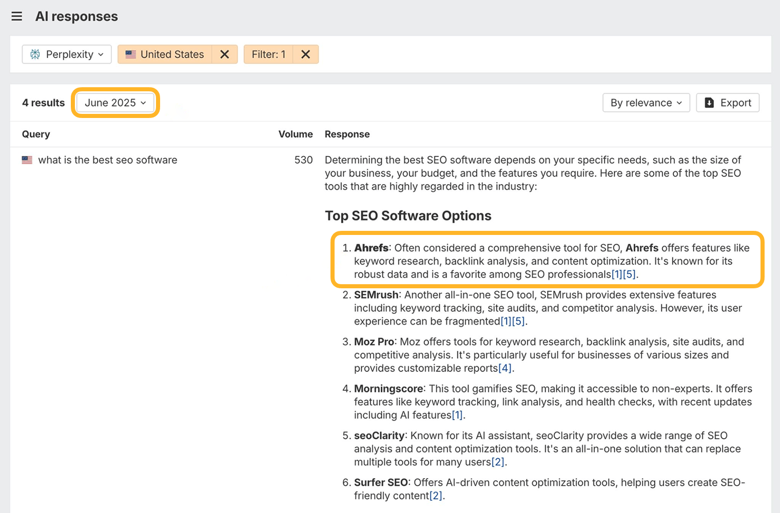 Brand Radar AI responses report filtered to Perplexity in the United States, with the June 2025 date ringed. Perplexity’s answer to “what is the best seo software” lists Ahrefs first among its top SEO software options, and that entry is ringed.