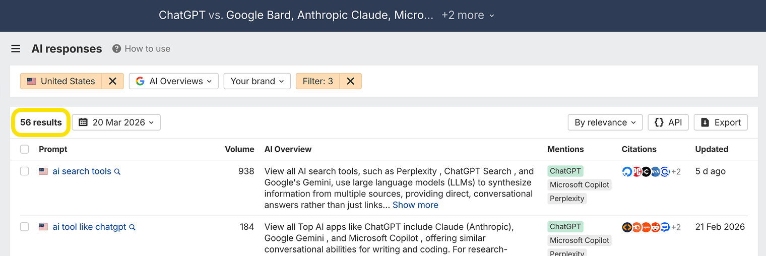 Brand Radar results showing brand mentions in search features