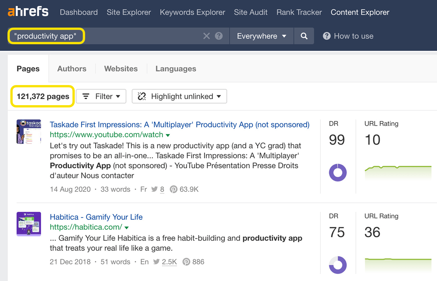 Screenshot of Ahrefs Content Explorer showing results for productivity app