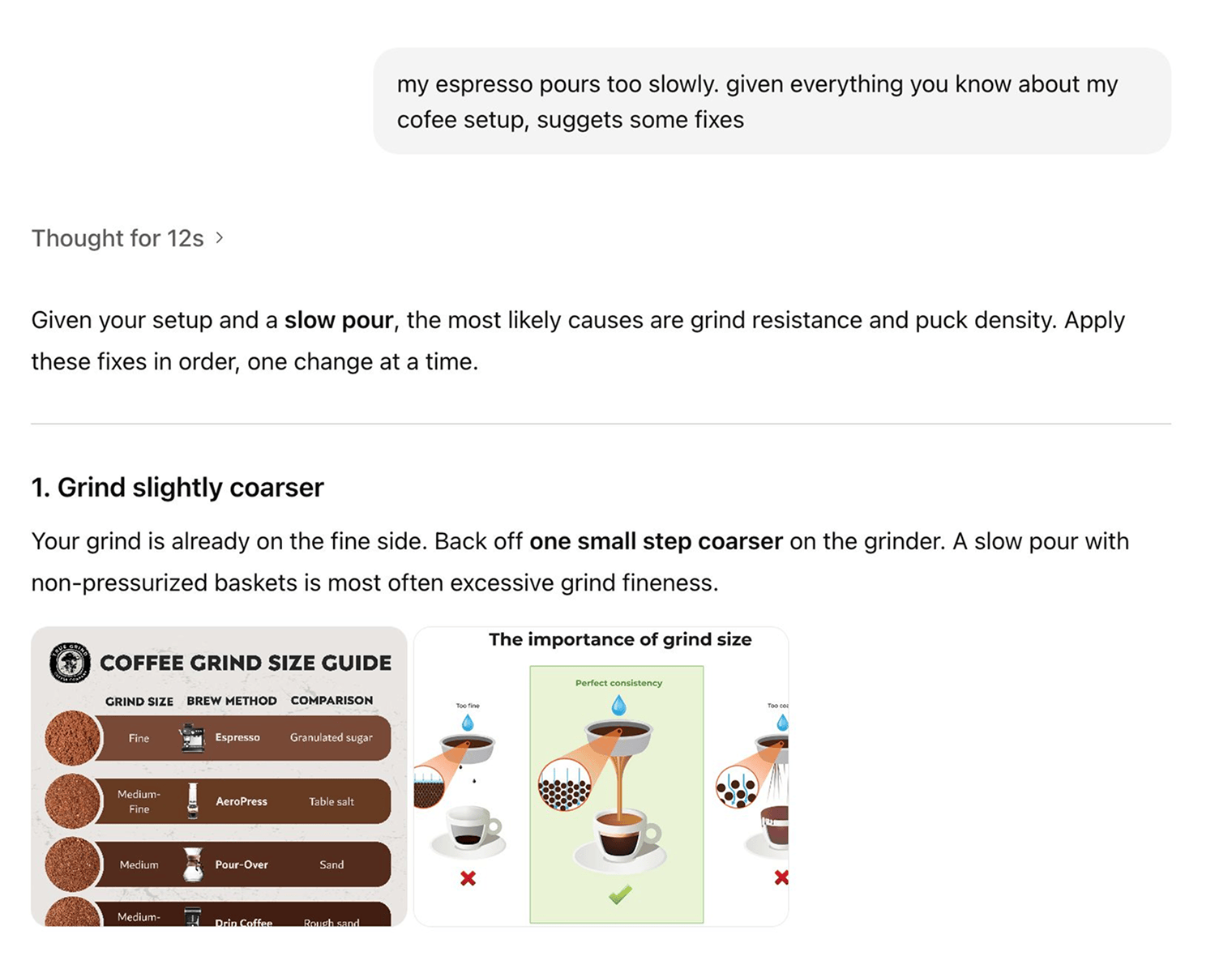 Screenshot of a ChatGPT response giving espresso troubleshooting advice, including grind-size recommendations tailored to the user’s coffee setup.