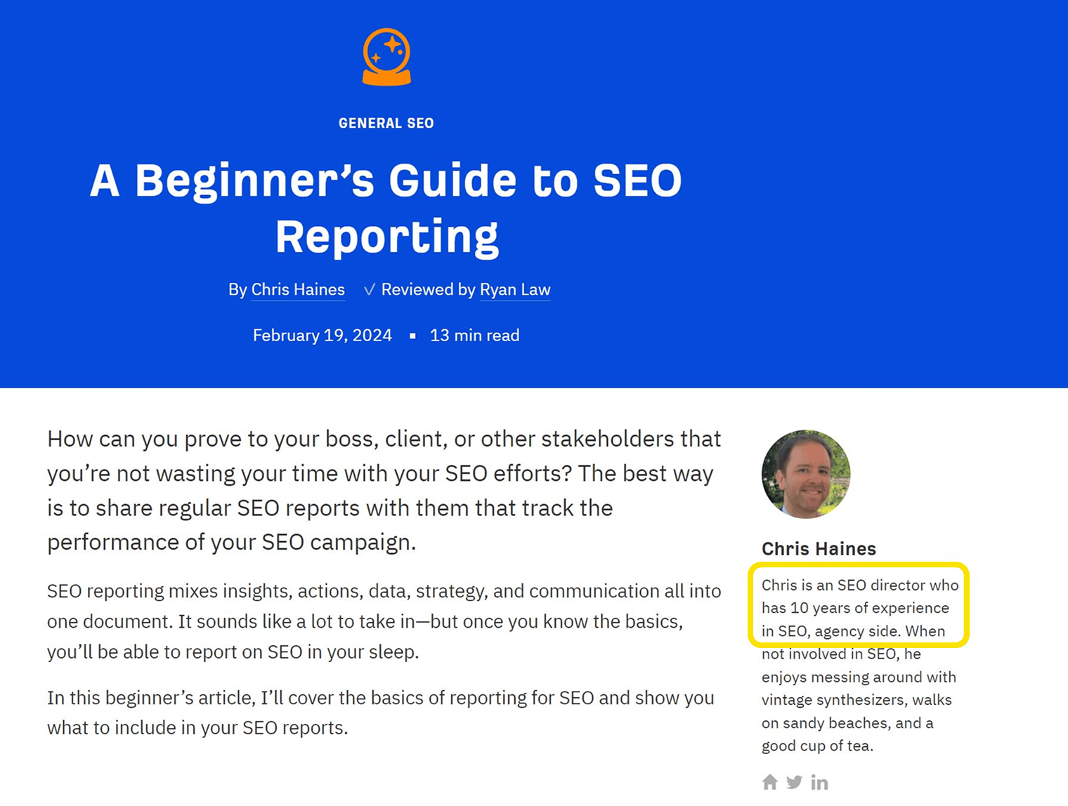 Screenshot of Chris Haines’ author page showing his SEO experience and credentials