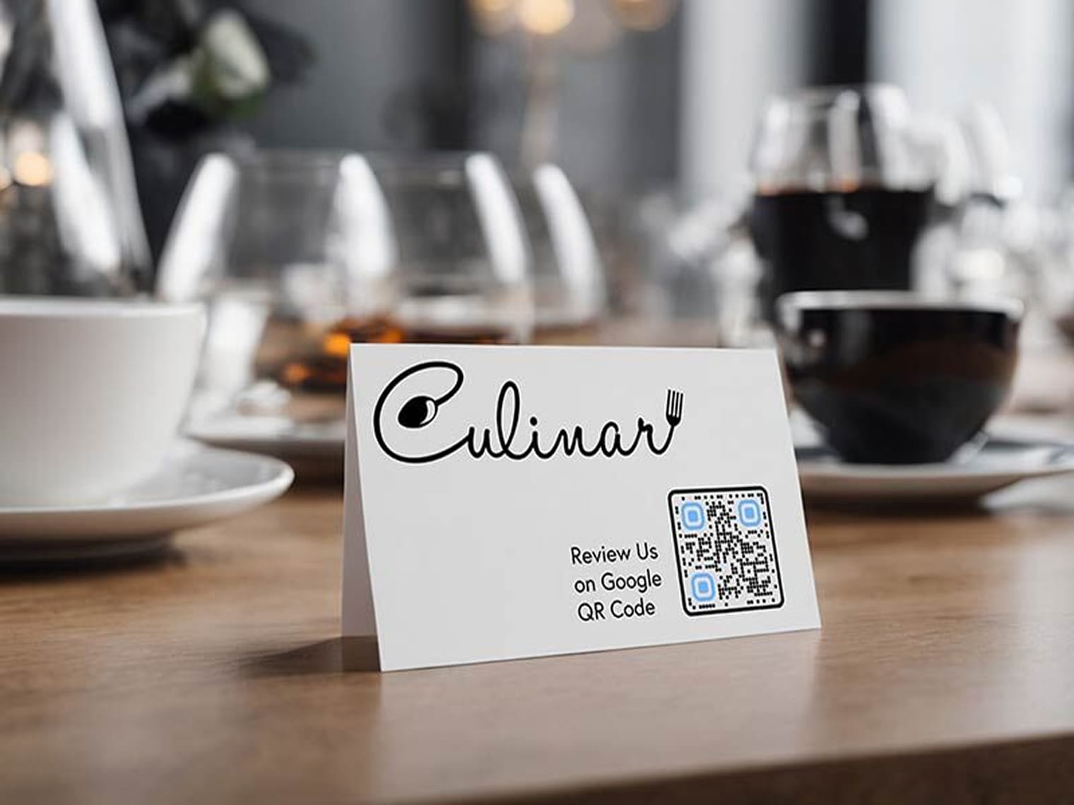 Photo of a restaurant table card with a QR code prompting customers to leave a Google review