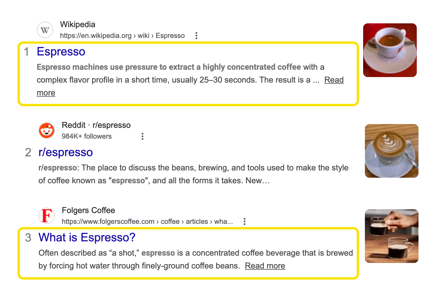 Screenshot showing search results for an espresso-related keyword