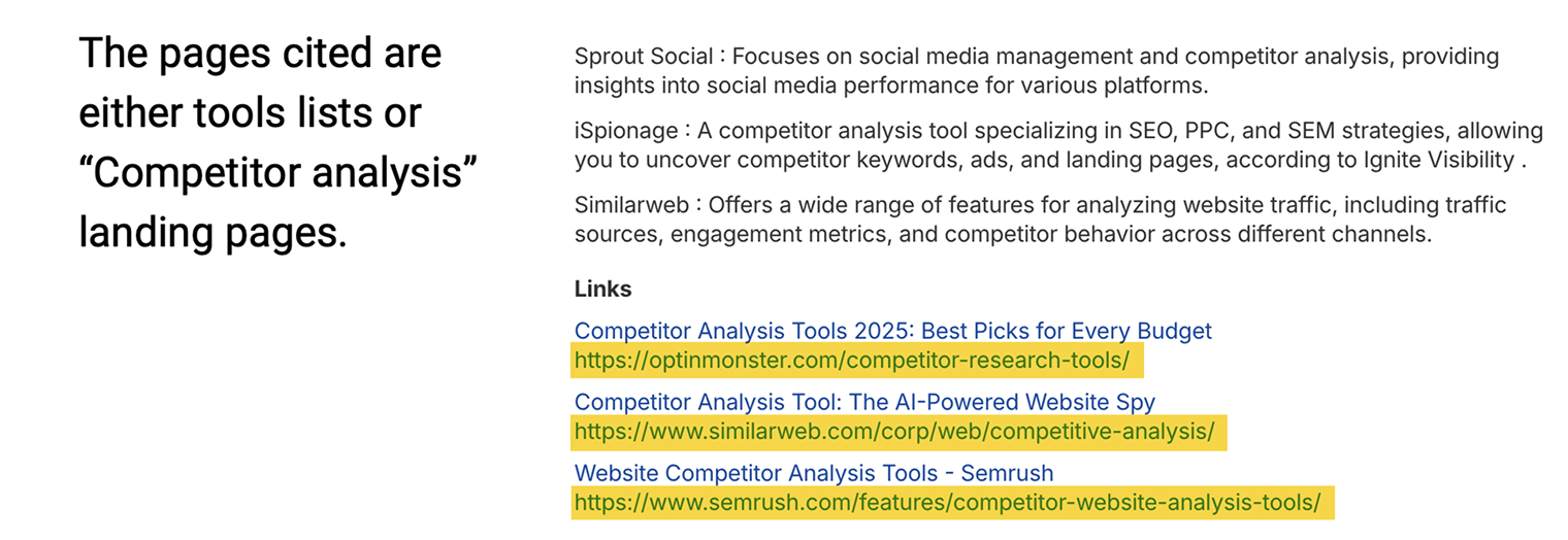 Example of cited pages showing tool lists and landing pages with keyword in H1