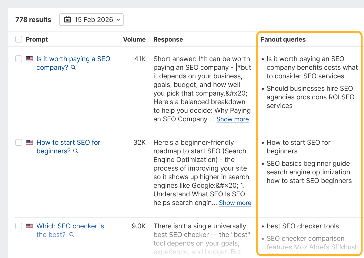 Brand Radar AI responses report headed “778 results” and “15 Feb 2026”, listing SEO prompts with their search volume, the start of the AI response, and a ringed “Fanout queries” column showing the searches behind each answer.