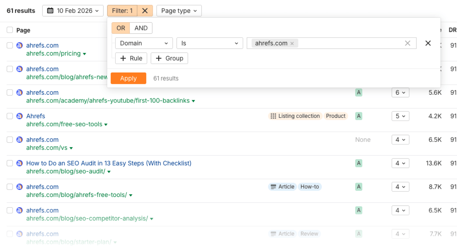 The Cited pages table in Ahrefs Brand Radar with an open filter set to “Domain is ahrefs.com”, narrowing the list to the site’s own pages that ChatGPT cites.