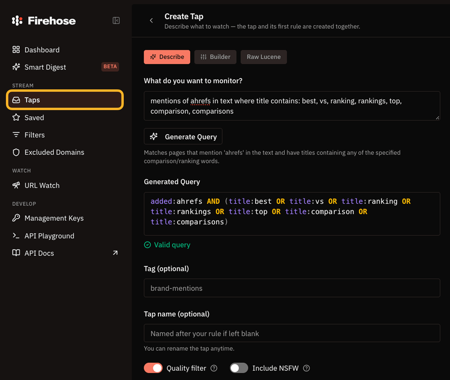Firehose’s Create Tap form, with Taps ringed in the sidebar. The description asks to monitor mentions of Ahrefs on pages whose titles contain best, vs, ranking, rankings, top, comparison, or comparisons. Below it, Generate Query has turned that description into a valid search query.