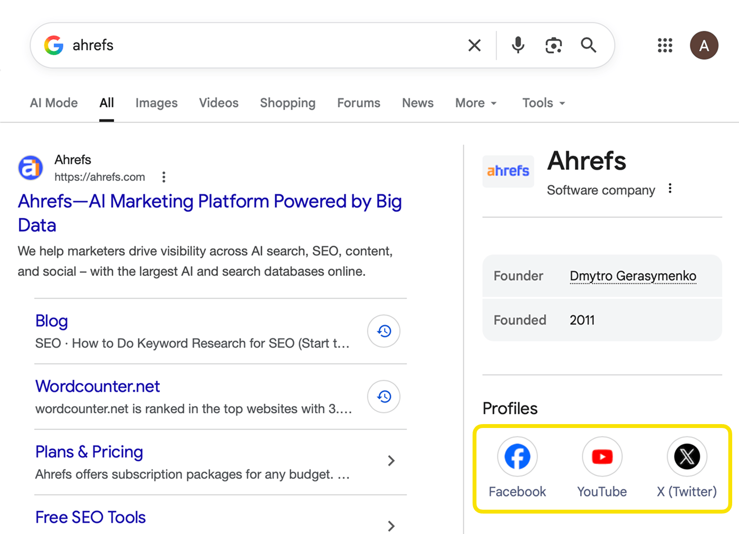 Screenshot of Google Knowledge Panel showing social profile links for Ahrefs