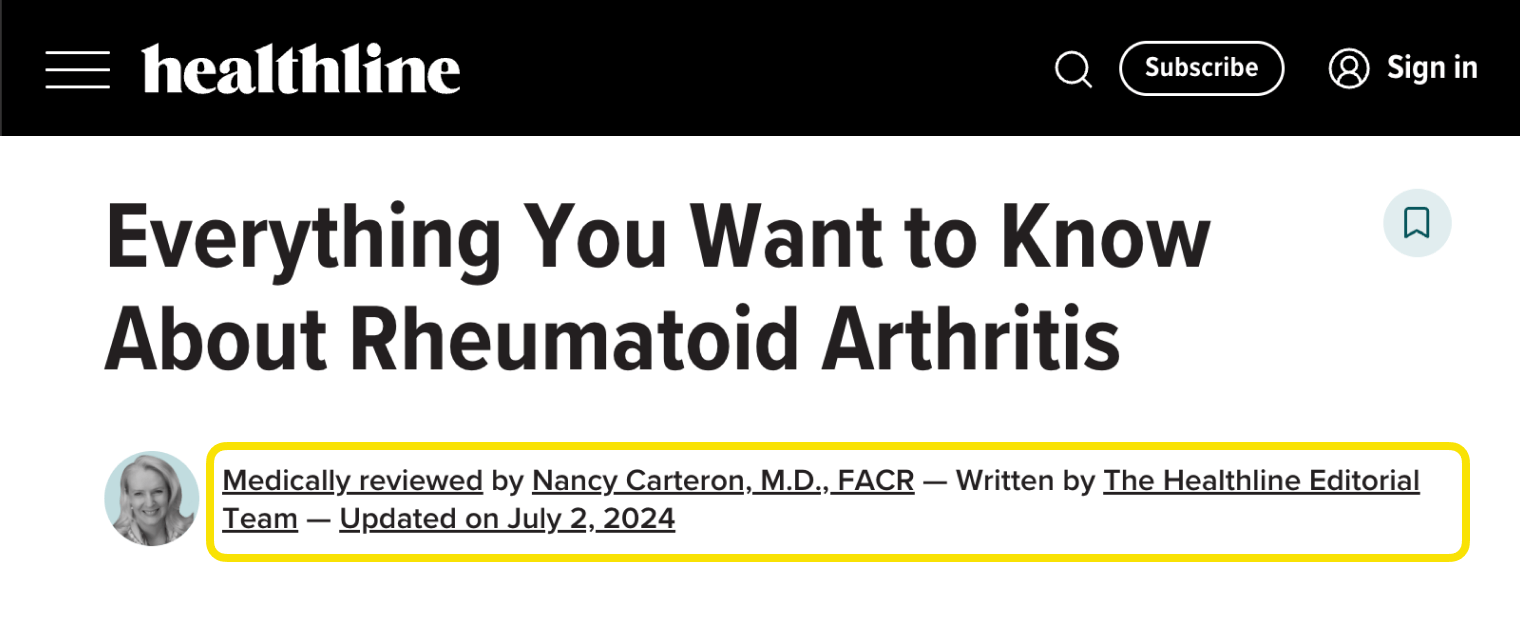 Healthline example showing author expertise and credentials