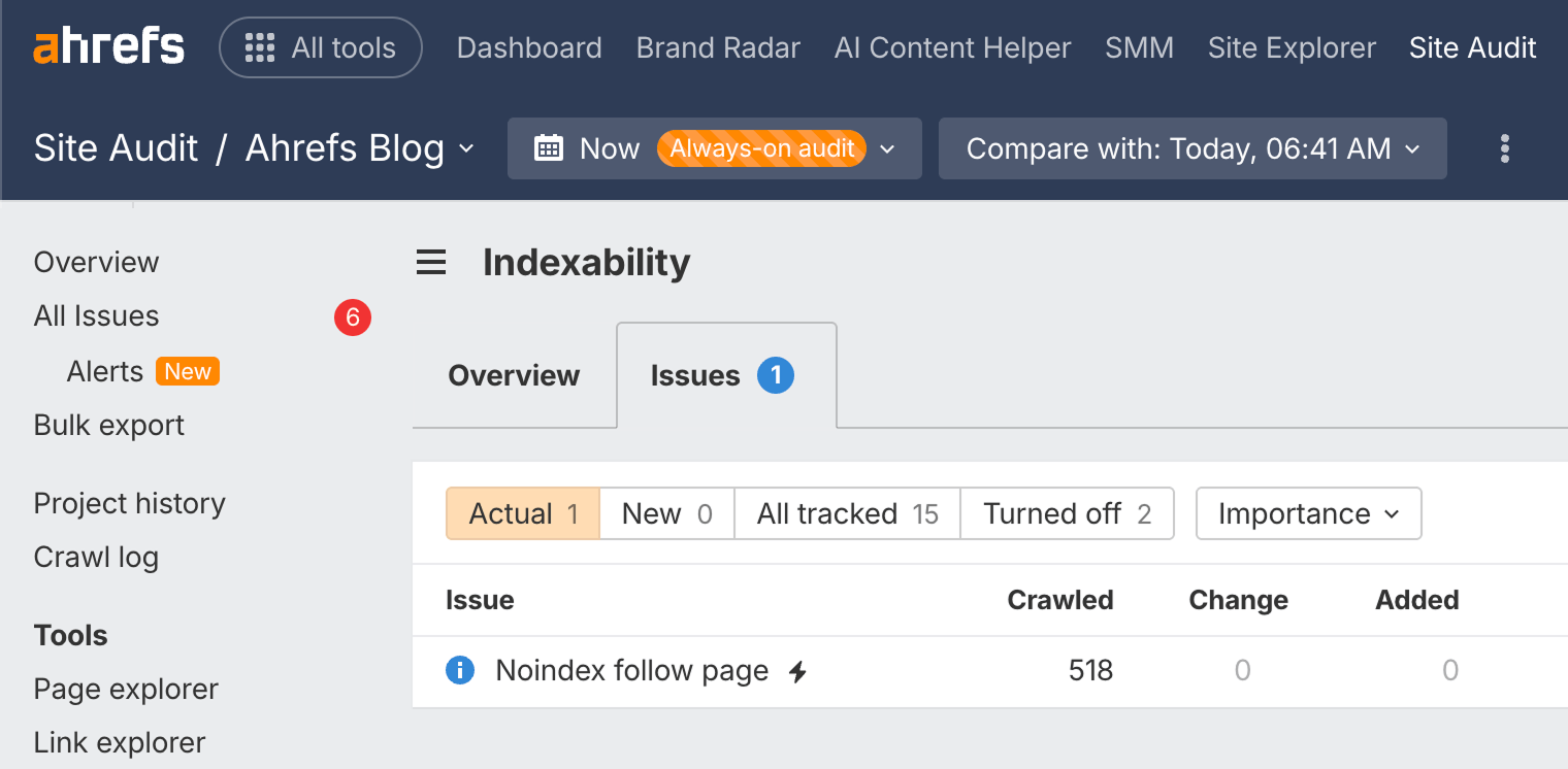 在 Ahrefs 的 Site Audit 中查找 noindexed 页面