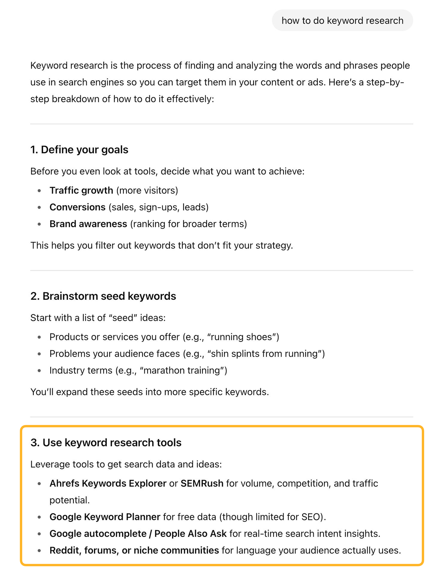 An AI answer to “how to do keyword research”, set out as numbered steps. The third step, “Use keyword research tools,” is ringed and recommends Ahrefs Keywords Explorer, SEMRush, Google Keyword Planner, Google autocomplete and People Also Ask, and Reddit, forums, or niche communities.