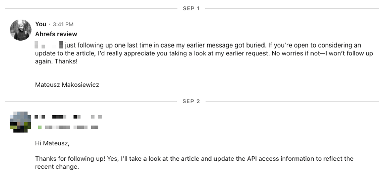 A message thread. On Sep 1, we follow up once more, asking the author to consider updating the article and promising not to follow up again. On Sep 2, the author replies that they will look at the article and update the API access information to reflect the recent change.